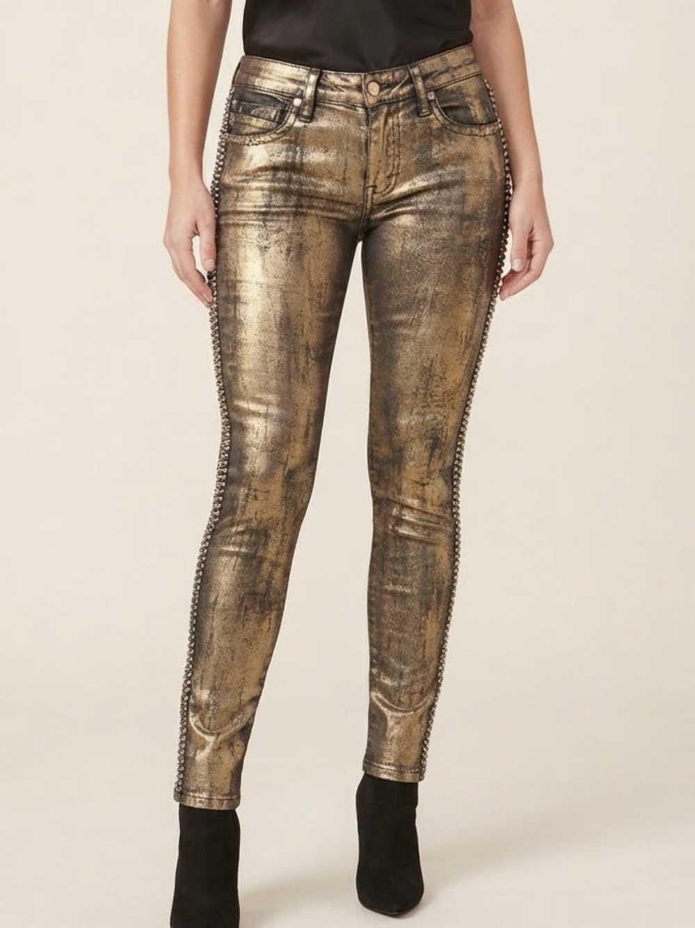Robin’s Jean Marilyn Gold Metallic Foil Studded Skinny Jeans Women’s 31 Made USA